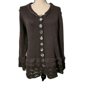 Lulu B Fringed Crochet Sweater Cardigan Women's Sparkle Buttons Boho Brown
